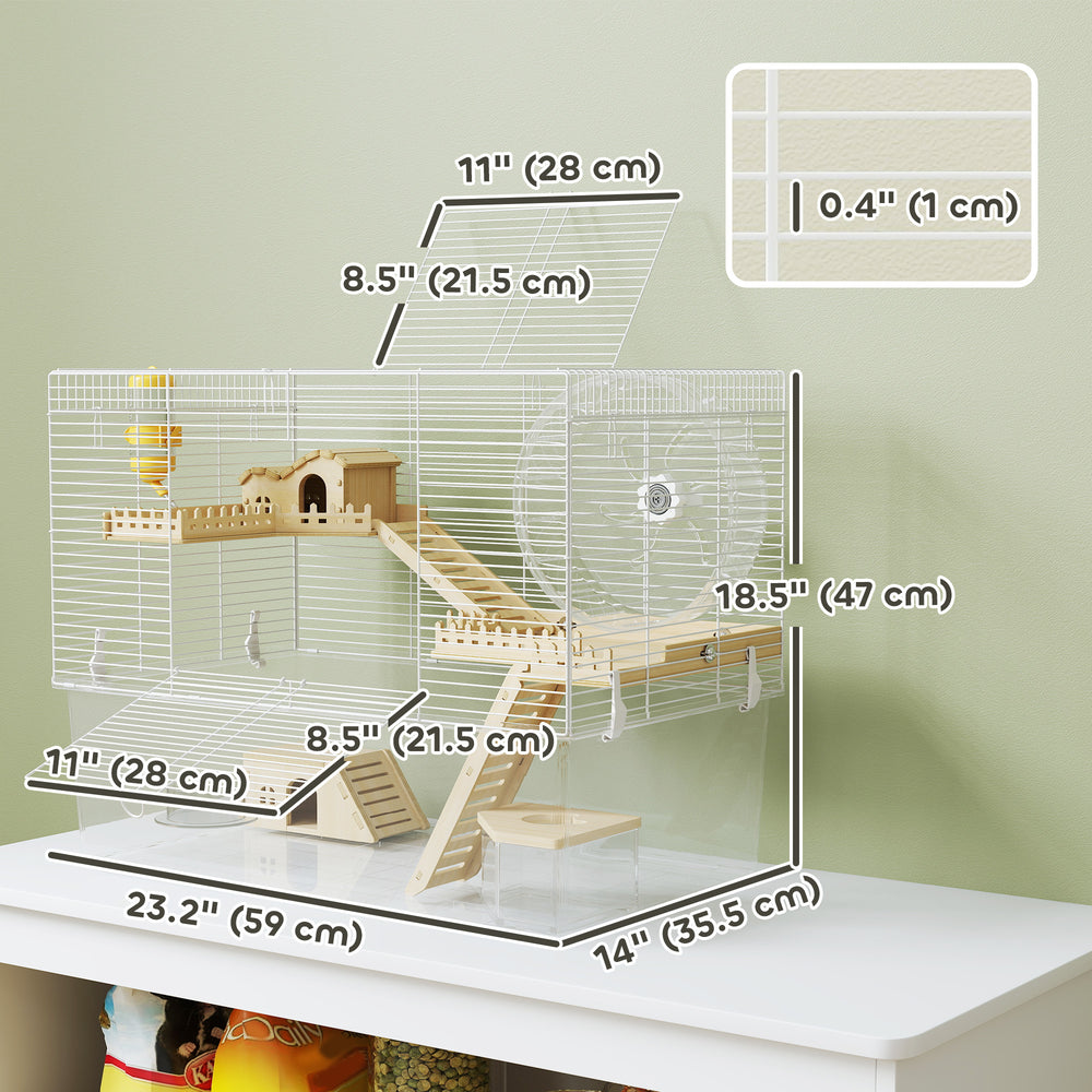 Cage pour hamster profonde, rampe en bois, cabane, roue d'exercice pour hamster et gerbille, blanche