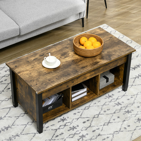 Table basse relevable avec compartiment de rangement dissimulé, 3 étagères inférieures, marron rustique