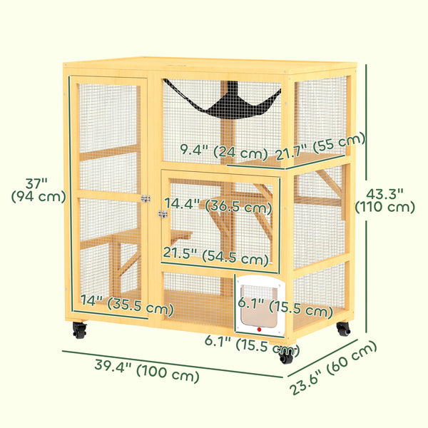 Wooden cat enclosure on wheels with cat flap, beige