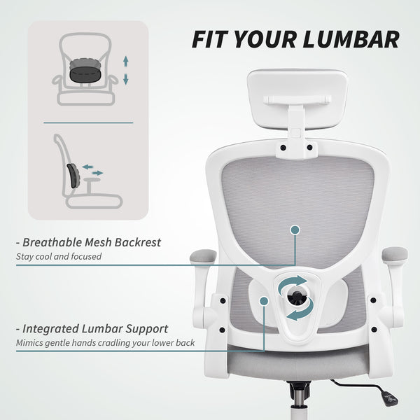 Ergonomic mesh office chair with headrest and lumbar support, grey