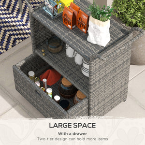 Chariot de service de jardin en résine tressée PE avec étagère à 2 niveaux, gris chiné