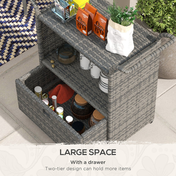 Chariot de service de jardin en résine tressée PE avec étagère à 2 niveaux, gris chiné