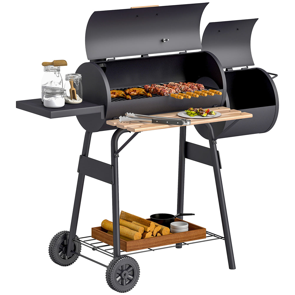 Charcoal BBQ Grill with Offset Smoker Portable Backyard Cooking Smoker, 124 x 53 x 104 cm, Black