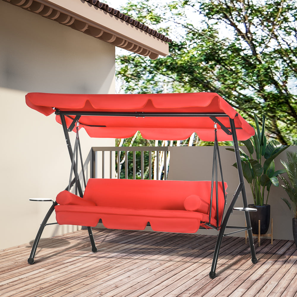 3-Seat Outdoor Patio Swing Chair, Converting Flat Bed, Canopy Swing Glider w/ Adjustable Shade, Removable Cushion and Pillows for Porch, Garden, Poolside, Backyard