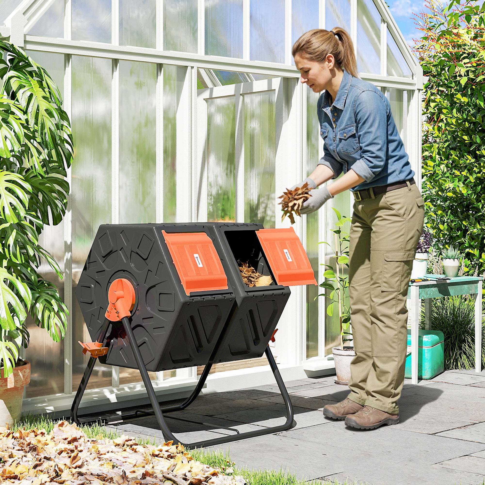 Rotating double-compartment composter with 24 ventilation holes and st
