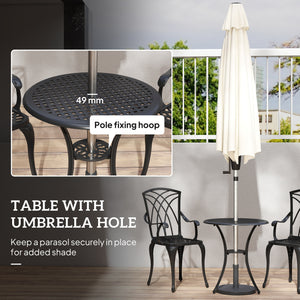3 Pieces Patio Bistro Set, Cast Aluminum Outdoor Conversation Furniture Set, Coffee Table with Umbrella Hole, 2 Armchairs, Brown