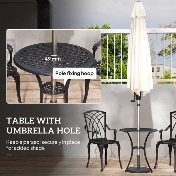 3 Pieces Patio Bistro Set, Cast Aluminum Outdoor Conversation Furniture Set, Coffee Table with Umbrella Hole, 2 Armchairs, Brown