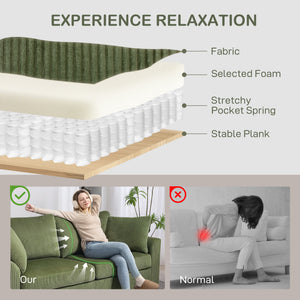 Canapé 3 places rembourré avec ressorts ensachés et 2 coussins décoratifs, vert