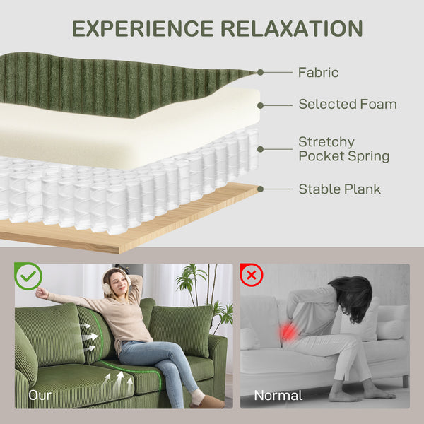 Canapé 3 places rembourré avec ressorts ensachés et 2 coussins décoratifs, vert