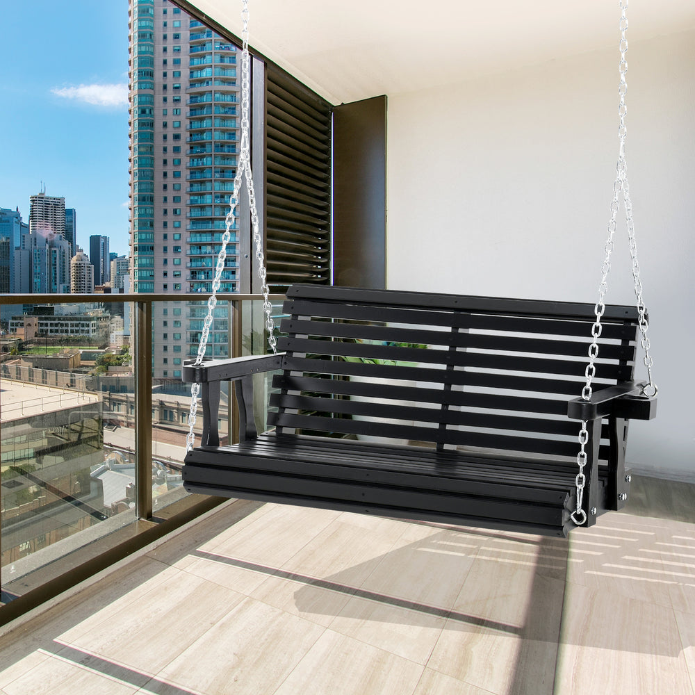 Balancelle 2 places en bois avec porte-gobelet et chaînes, noire