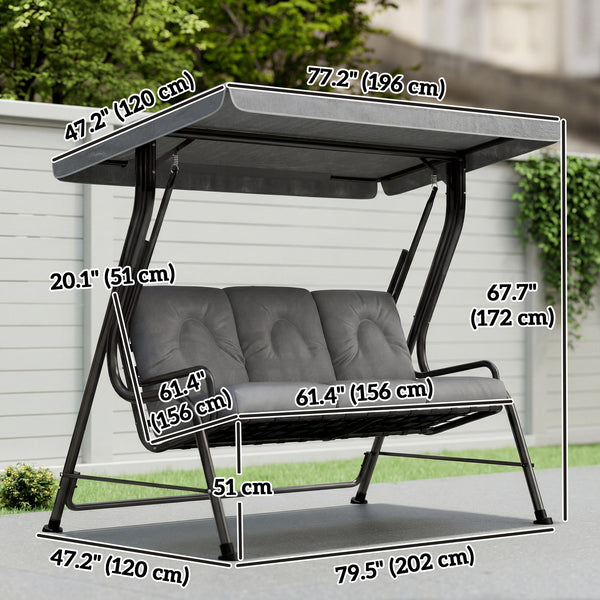 3-Person Patio Swing Chair with Canopy 3 Seater Porch Swing for Garden, Backyard, Poolside, Light Grey