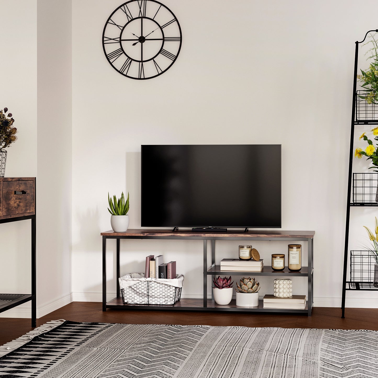 HOMCOM Industrial TV Stand for TVs up to 55 inches, TV Cabinet with Storage Shelves, Metal Frame, Media Console for Living Room, Rustic Brown