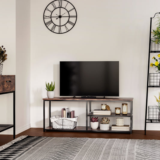 HOMCOM Industrial TV Stand for TVs up to 55 inches, TV Cabinet with Storage Shelves, Metal Frame, Media Console for Living Room, Rustic Brown