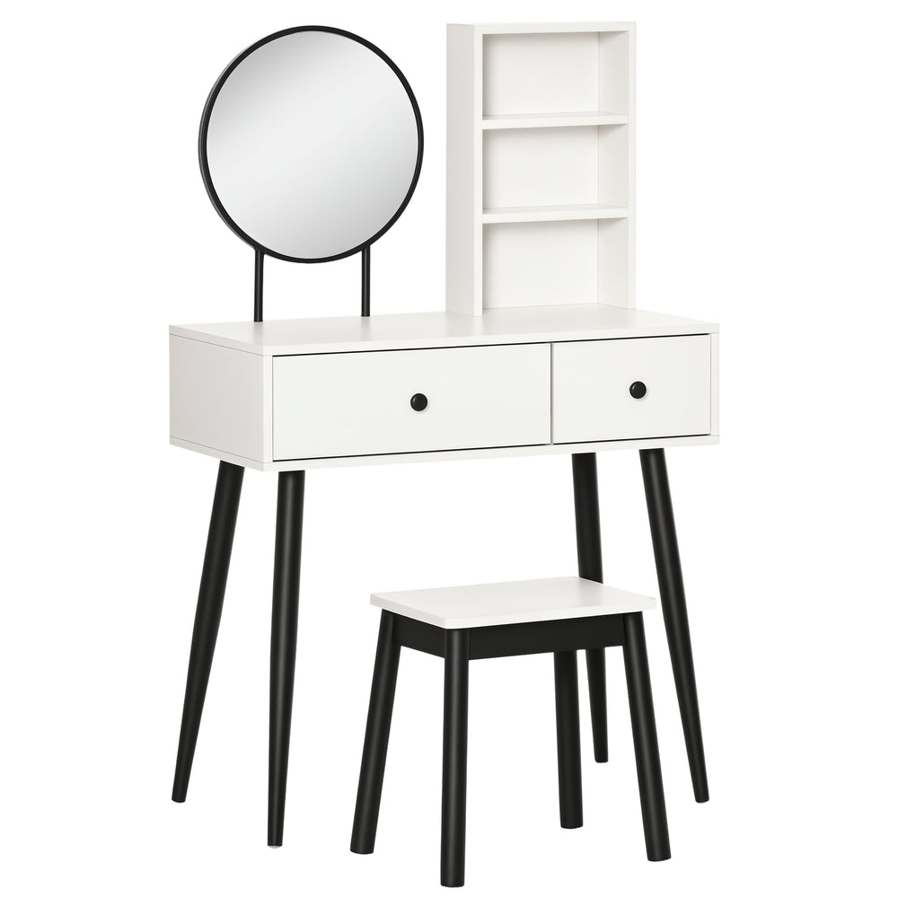 Coiffeuse avec tabouret, tiroirs et étagère, blanc et noir