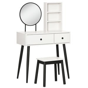 Coiffeuse avec tabouret, tiroirs et étagère, blanc et noir