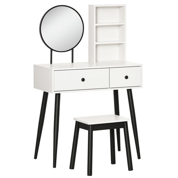 Coiffeuse avec tabouret, tiroirs et étagère, blanc et noir