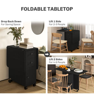 Table de salle à manger rabattables sur roulettes avec tiroirs et placard, noire