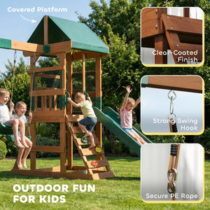 Structure de jeux extérieure avec toboggan, 2 balançoires, mur d'escalade et terrasse couverte, aire de jeux extérieure pour enfants