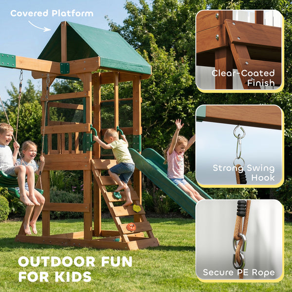 Structure de jeux extérieure avec toboggan, 2 balançoires, mur d'escalade et terrasse couverte, aire de jeux extérieure pour enfants