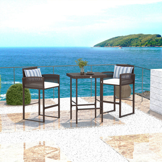 Ensemble de bar 3 pièces en osier, table et chaises de bar avec coussins,