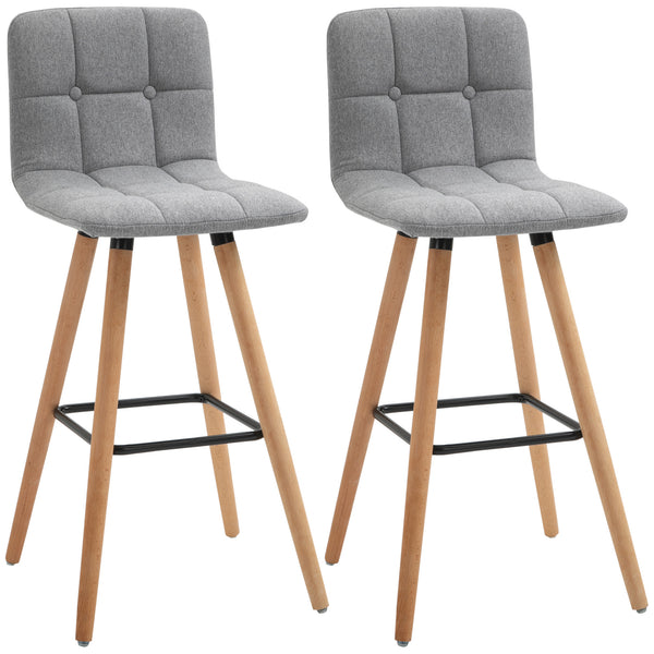 Set of 2 modern bar stools with solid wood legs, grey