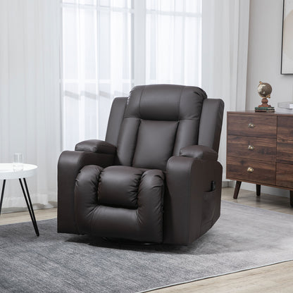 Fauteuil inclinable pivotant à 360° en cuir avec vibrations et porte-gobelets pour salon, marron