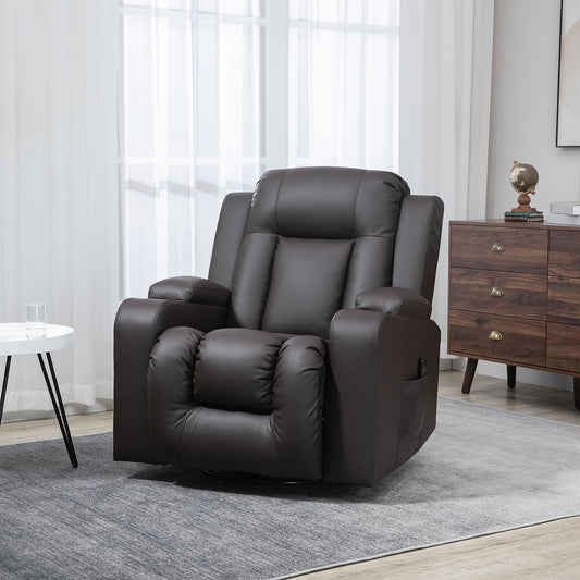 Fauteuil inclinable pivotant à 360° en cuir avec vibrations et porte-gobelets pour salon, marron