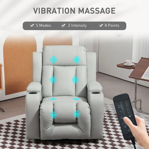 Fauteuil inclinable avec 8 vibrations, fauteuil inclinable rembourré en cuir PU avec assise large, porte-gobelets, bascule, gris clair