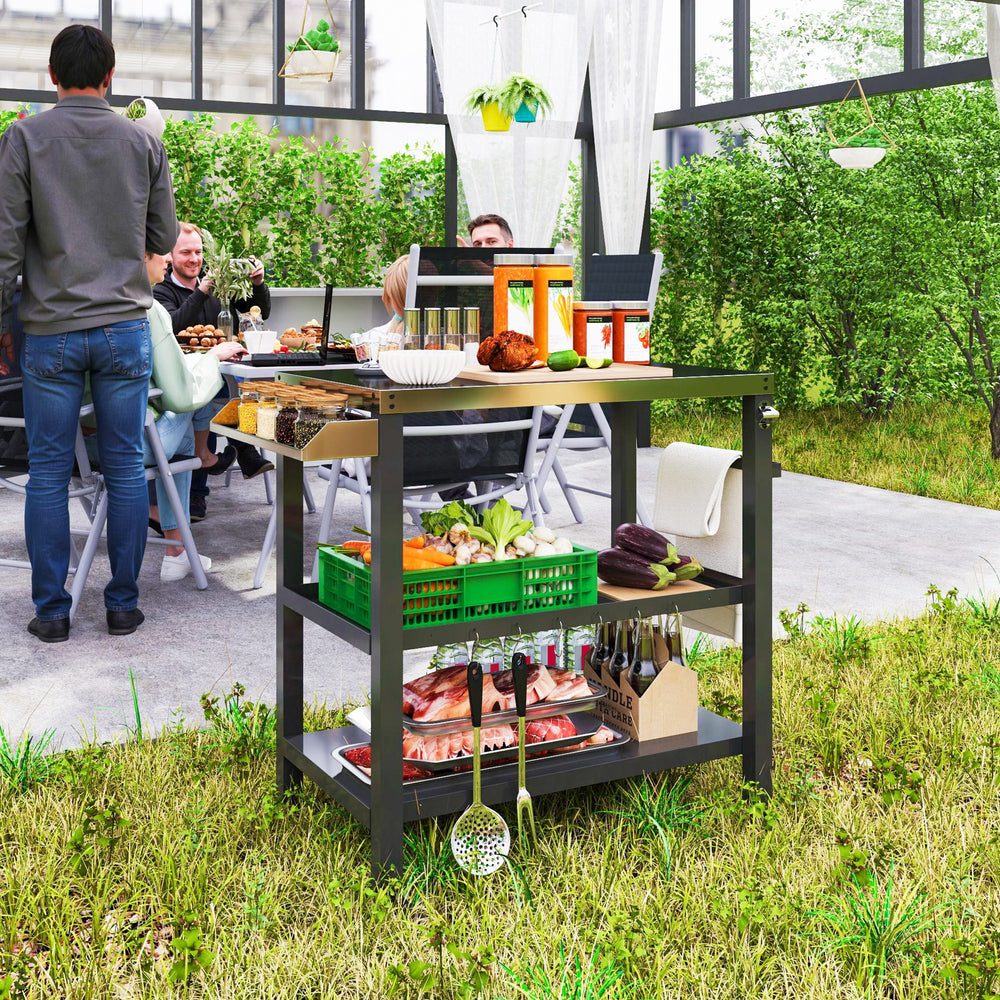 Outdoor Kitchen Bar Cart BBQ Table with Wheels, Stainless Steel Pizza Oven Stand, Movable Prep Table with Hooks