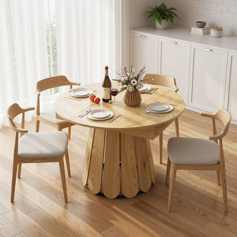 Extendable Dining Table, Round to Oval Convertible Kitchen Table with Storage Shelf for Dining Room, Natural