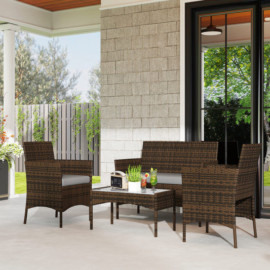 Outsunny 4 Piece Patio Rattan Balcony Wicker Garden Furniture Set with Loveseat, Chairs and Glass Coffee Table Grey