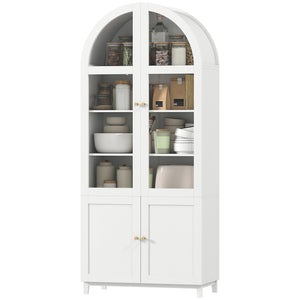 Arched Kitchen Pantry Cabinet, 71" Tall Farmhouse Kitchen Storage Cabinet with Acrylic Glass Doors, White