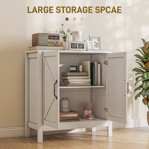 Buffet de cuisine avec porte coulissante de style grange et étagères réglables, aspect bois blanc.