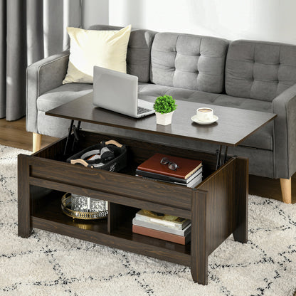 Table basse relevable avec compartiment de rangement dissimulé et étagères ouvertes, noyer foncé