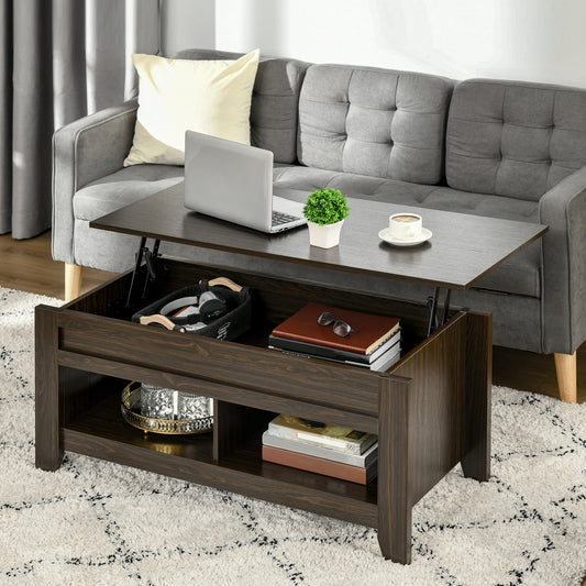 Table basse relevable avec compartiment de rangement dissimulé et étagères ouvertes, noyer foncé