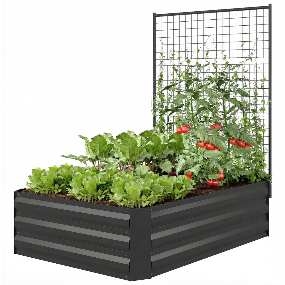 Galvanized Raised Garden Bed with Trellis for Climbing Plants, Open-Bottom Outdoor Flower Planter, Black