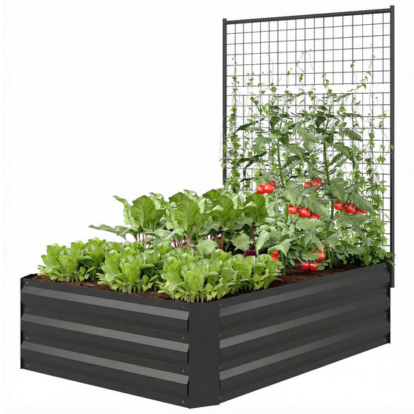 Jardinière surélevée galvanisée avec treillis pour plantes grimpantes, bac à fleurs d'extérieur à fond ouvert, noir