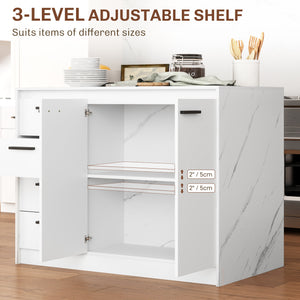 Îlot de cuisine avec meuble de rangement, 4 tiroirs et étagère réglable effet imitation marbre et blanc