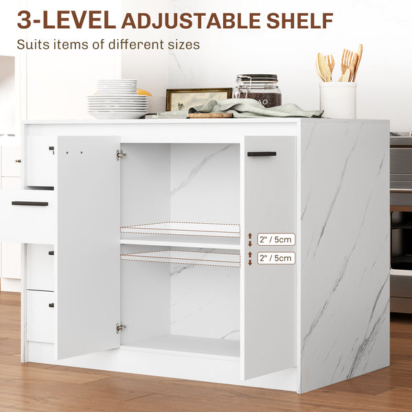 Îlot de cuisine avec meuble de rangement, 4 tiroirs et étagère réglable effet imitation marbre et blanc