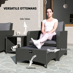 Ensemble de meubles 5 pièces en rotin avec table basse à deux niveaux et poufs, gris