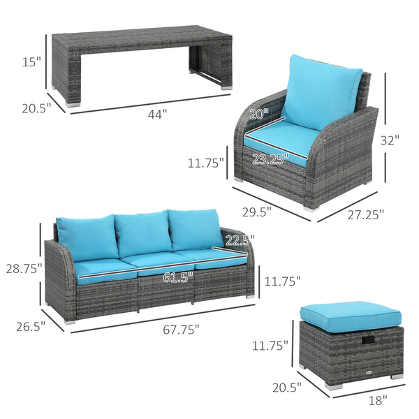 6 Pieces Patio Furniture Set, Conversation Set Wicker Sectional Set Cushioned Outdoor Rattan 3-Seat Sofa, 2 Adjustable Recliners, 2 Footstools & Table Set for Lawn Garden Backyard, Sky Blue