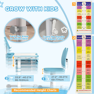 Ensemble bureau et chaise pour enfants à hauteur réglable avec plateau inclinable, bleu