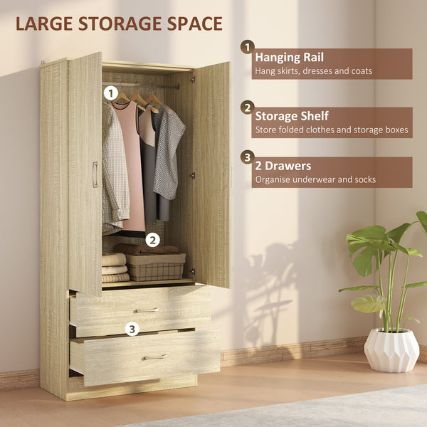 Armoire penderie avec tringle de suspension et 2 portes, rangement pour vêtements avec 2 tiroirs, chêne