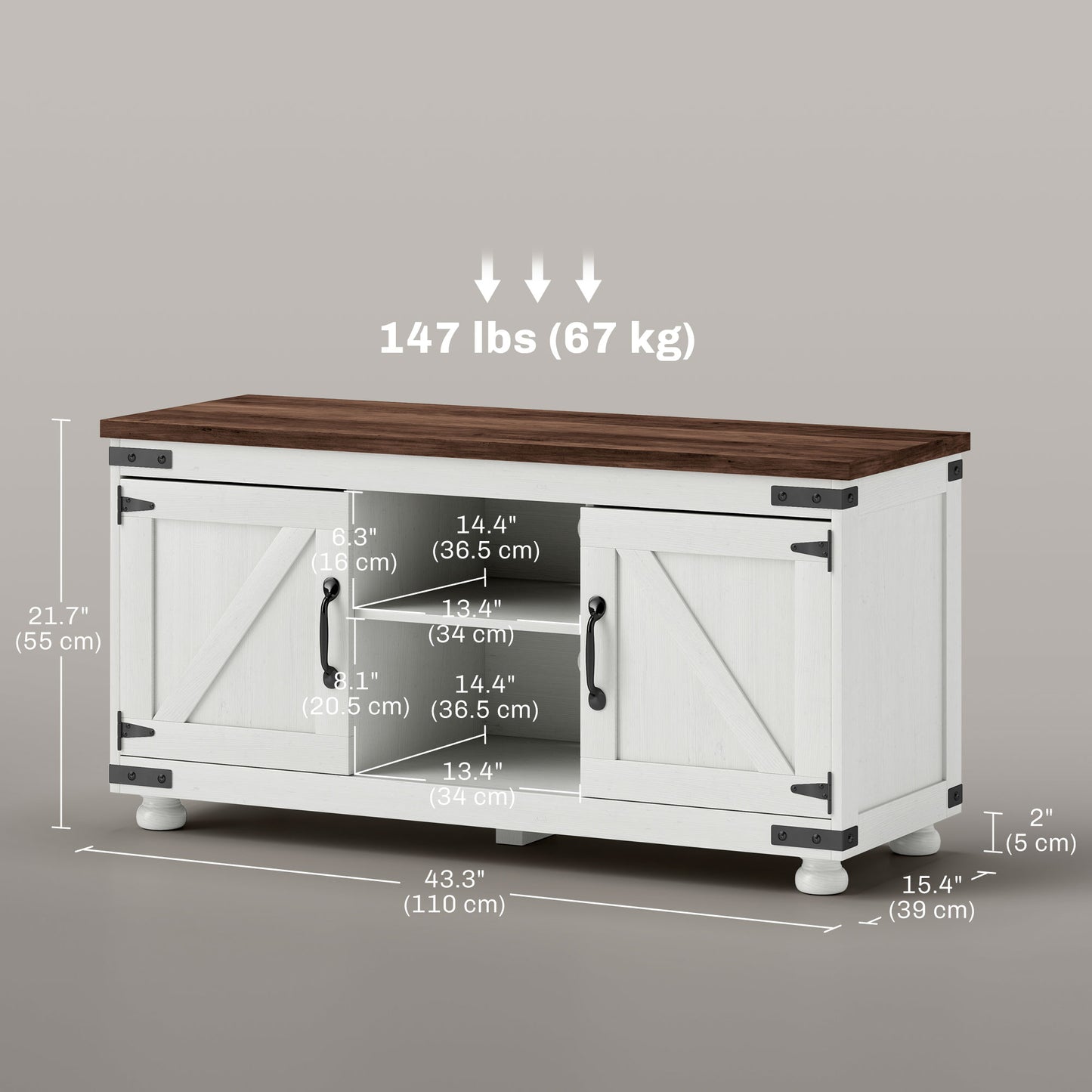 Meuble TV HOMCOM Farmhouse pour téléviseur jusqu'à 50 pouces, avec portes de grange et gestion des câbles pour le salon, blanc vieilli