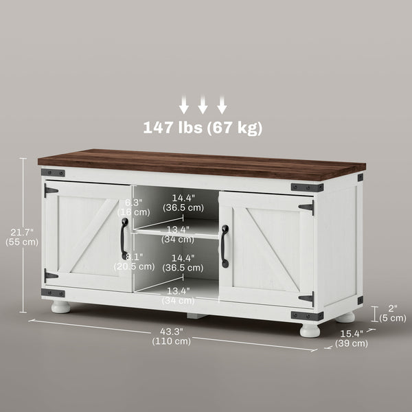 Meuble TV farmhouse pour téléviseur jusqu'à 50 pouces, avec portes de grange, blanc vieilli