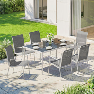Ensemble de salle à manger de jardin 7 pièces, comprenant une table rectangulaire et 6 chaises empilables.