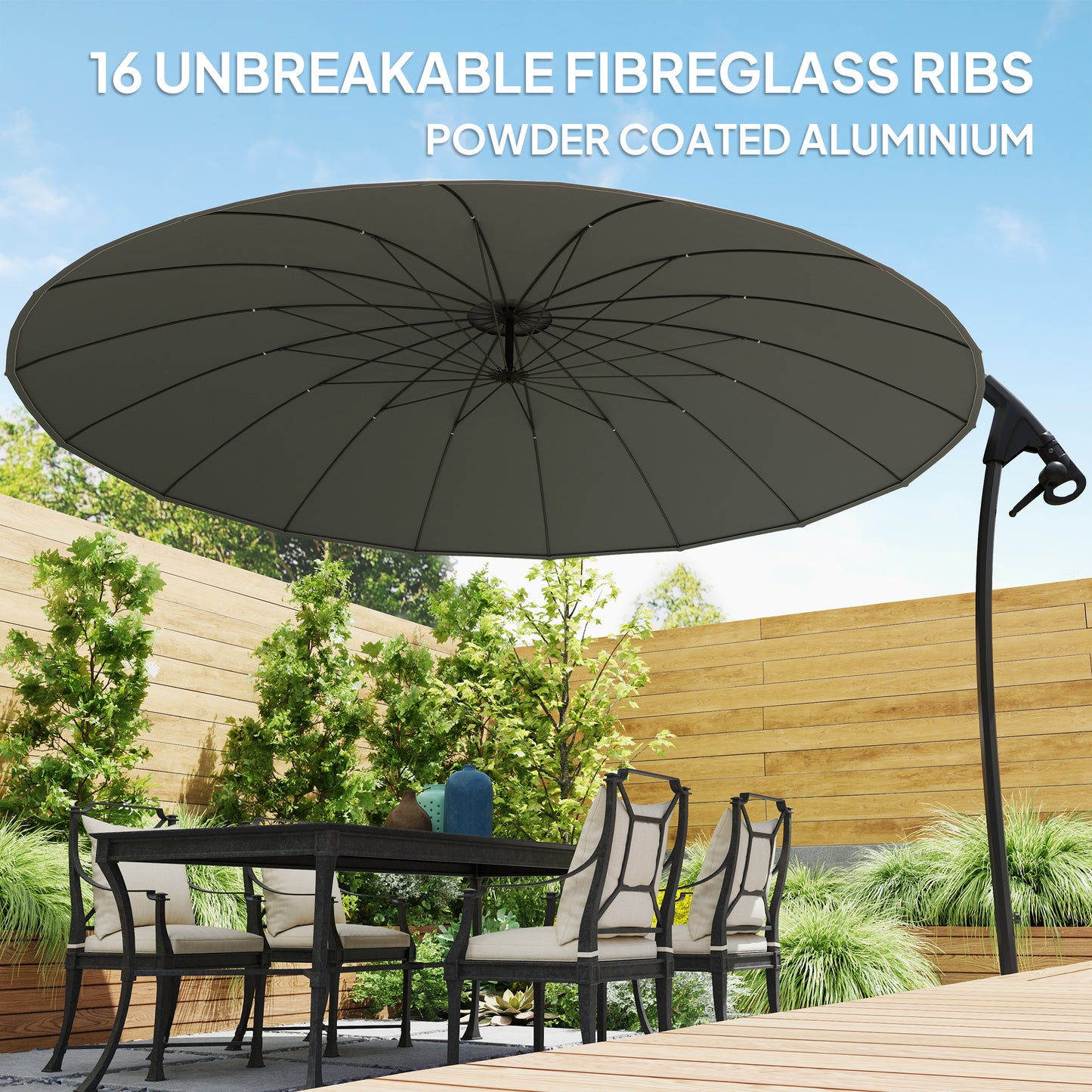 Outsunny 2.7m Cantilever Umbrella with 16 Fiberglass Ribs, Offset Hanging Umbrella, Patio Umbrella with Crank and Cross Base, Grey
