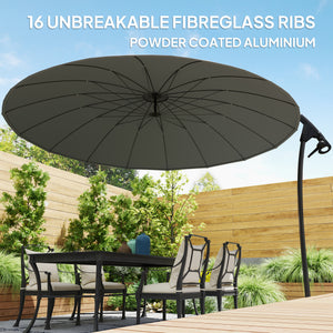 Parasol déporté 2,7 m avec 16 baleines en fibre de verre, parasol suspendu décalé, parasol de terrasse avec manivelle et base croisée, gris