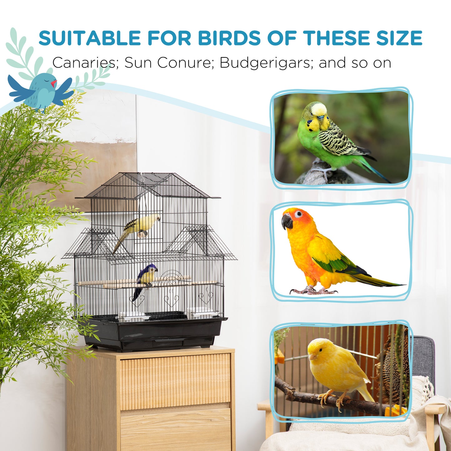 PawHut 25" Bird Cage with Perch, Swing, Food Container, Sliding Tray &amp; Handle, for Finches, Canaries &amp; Parakeets