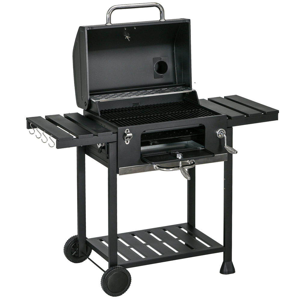 Charcoal BBQ Grill Smoker with Adjustable Charcoal Pan and Galvanised Steel Shell, Barbecue Grill Trolley with Storage